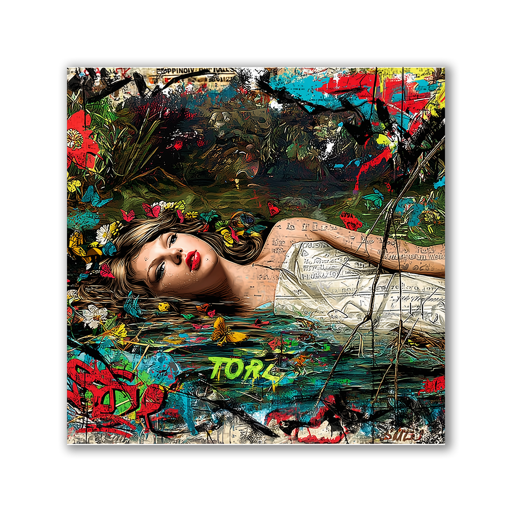 Sängerin Swift als Ophelia mit Zeitungsdruck-Overlays und Graffiti - Affengeile Bilder