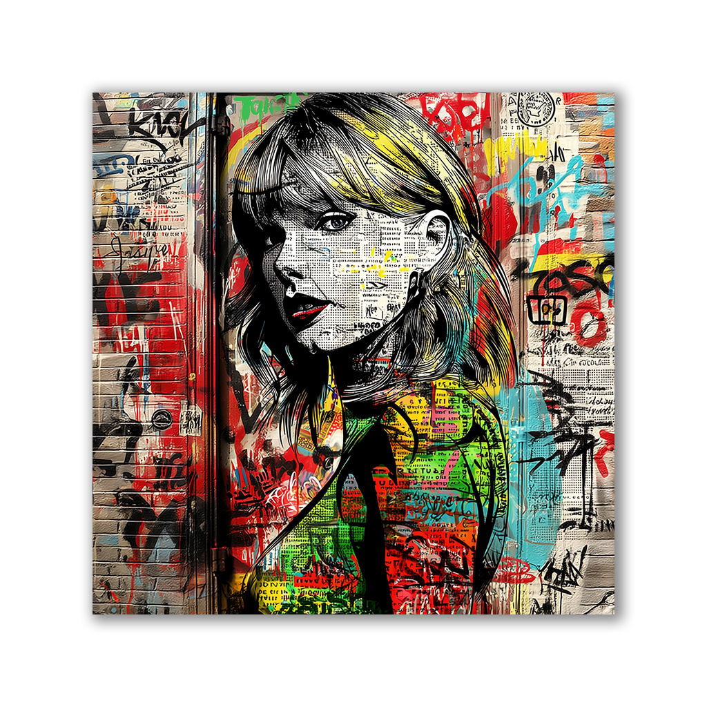 Pop-Art-Porträt zeigt stilisierte Taylor Swift mit Graffiti und Farbspritzern - Affengeile Bilder