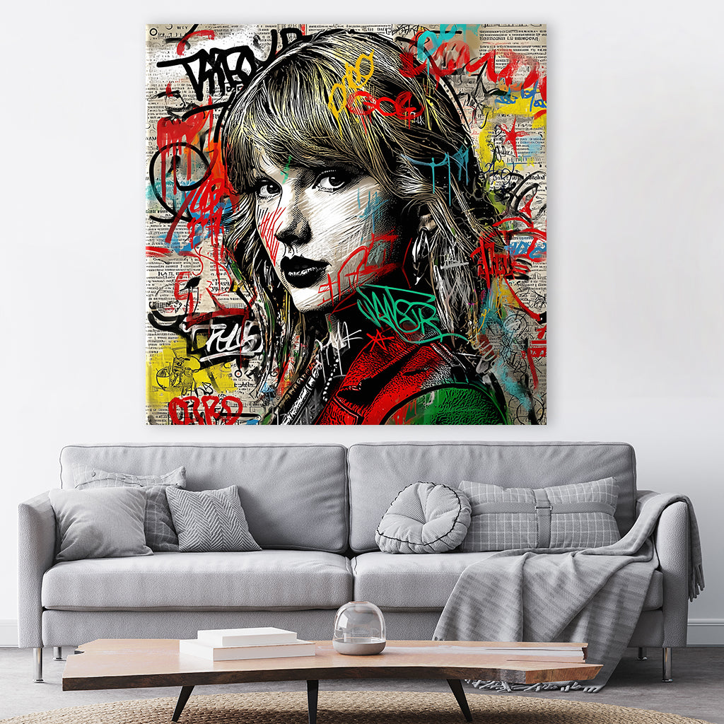 Ausdrucksstarkes Porträt einer jungen, berühmten Frau im Street-Art-Stil als Leinwandbild im Wohnzimmer - Affengeile Bilder