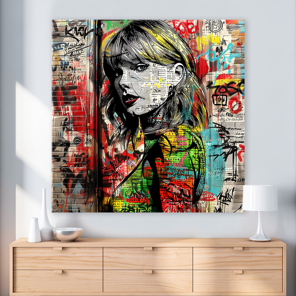 Pop-Art-Porträt zeigt stilisierte Taylor Swift mit Graffiti und Farbspritzern als Leinwandbild im Flur - Affengeile Bilder