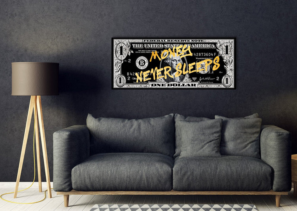 Money Never Sleeps Gold auf Acryl - Affengeile Bilder